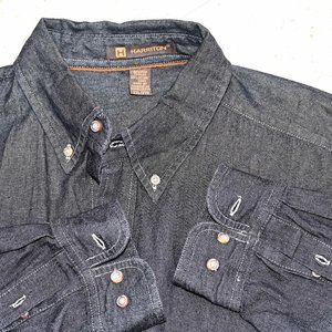 Harriton Denim Button-down Shirt Long Sleeve Pocket Cotton Dark Gray - 2XL / XXL